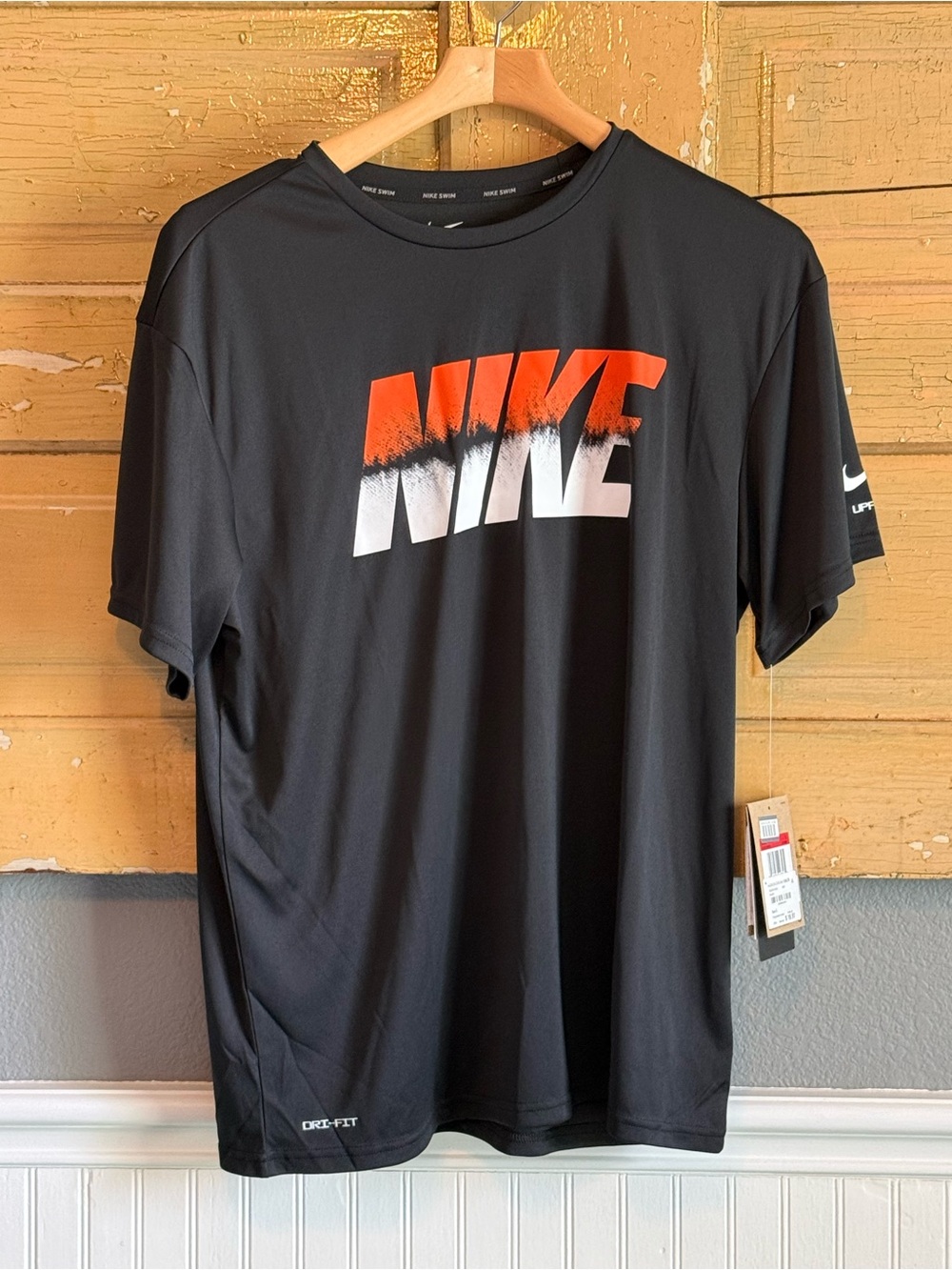 Nike Black Short Sleeve Dri-FIT Swim Tee with Orange-White Logo